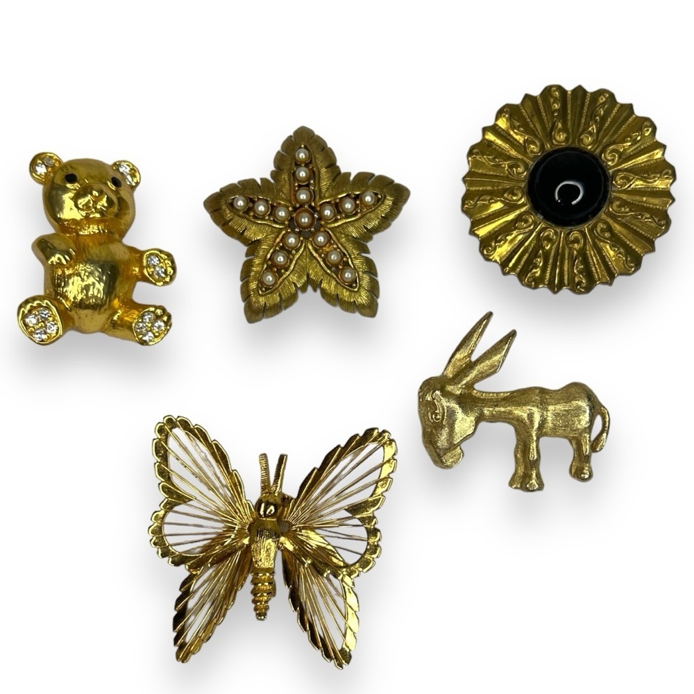 Lot of Gold Tone Pins Bear Donkey Butterfly Starfish Repouse